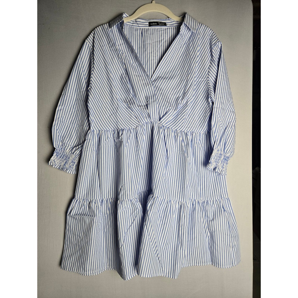 Aveloria Blue White Striped Tiered Babydoll Mini Dress V-Neck Smocked Cuff XS